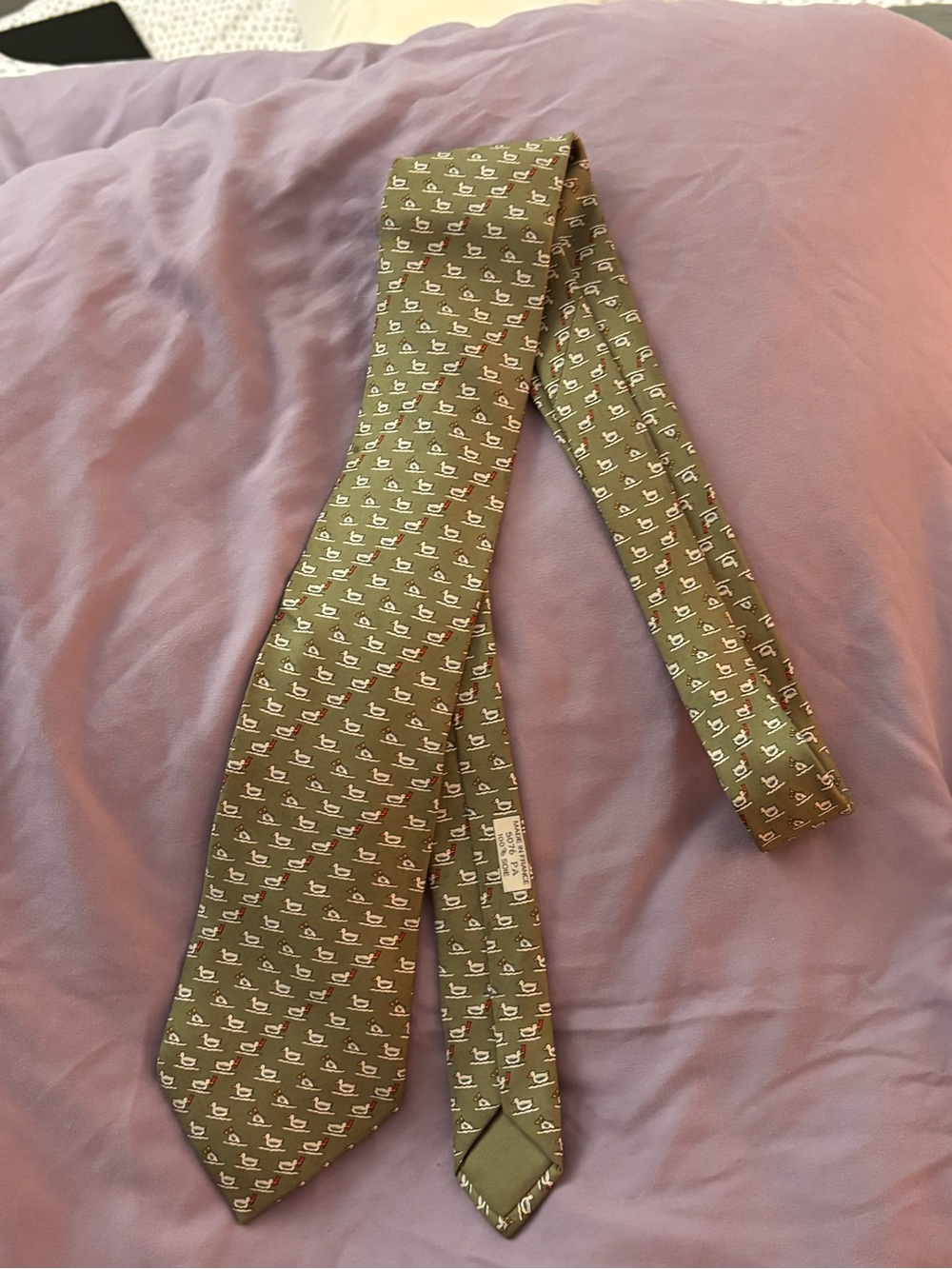 Hermes Olive Green Silk Tie with repeating White Ducks and Red accents